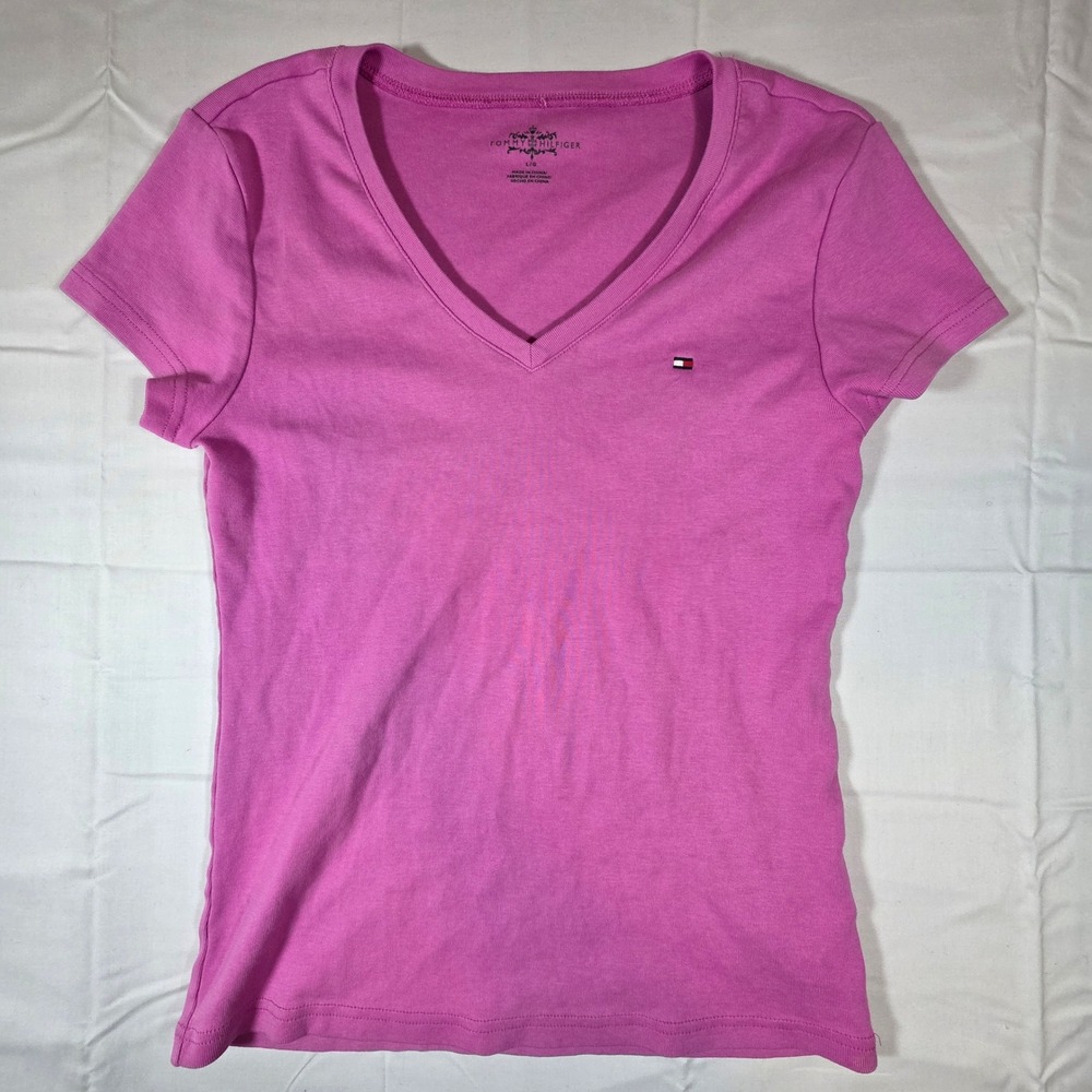 Tommy Hilfiger Womens Pink V-Neck Short Sleeve Flag Logo T-Shirt Large
